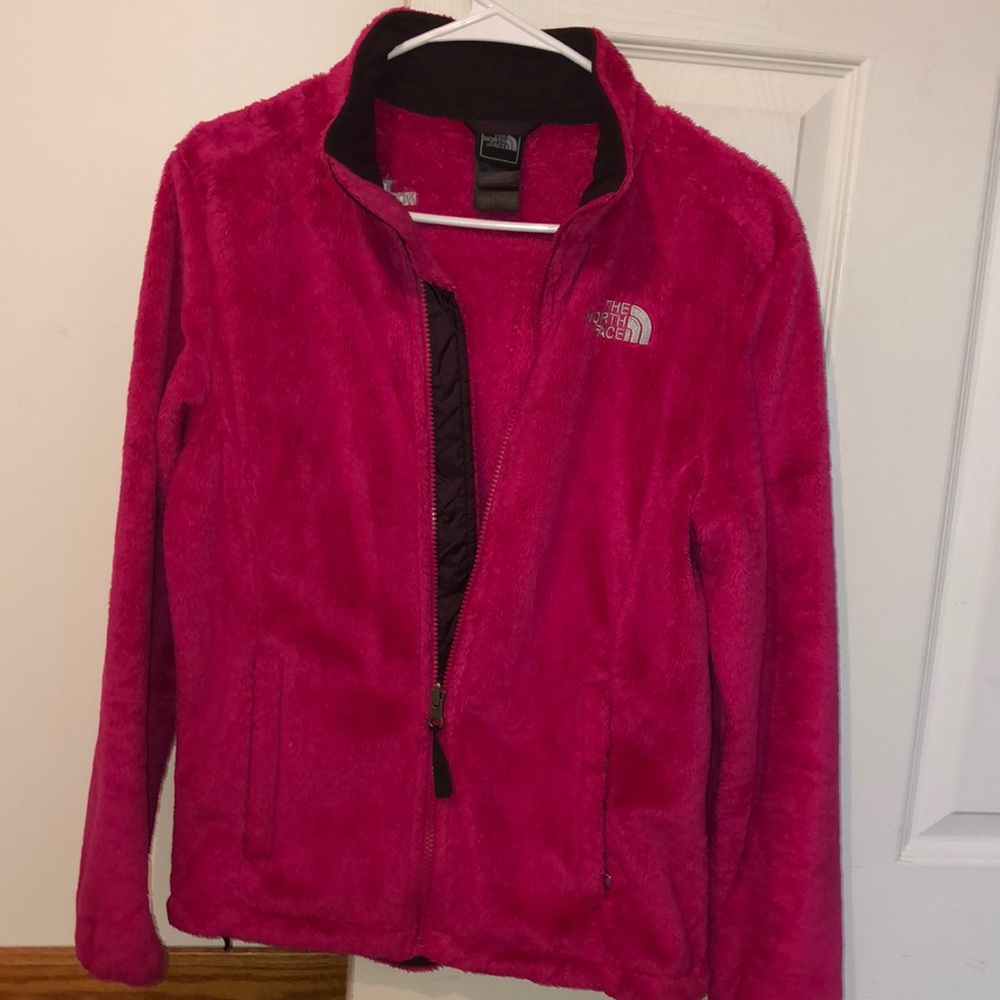 Hot pink, fuzzy North Face jacket